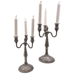 Pair of J. E. Caldwell Sterling Silver 3-Light Repousse Candelabra Late 19th