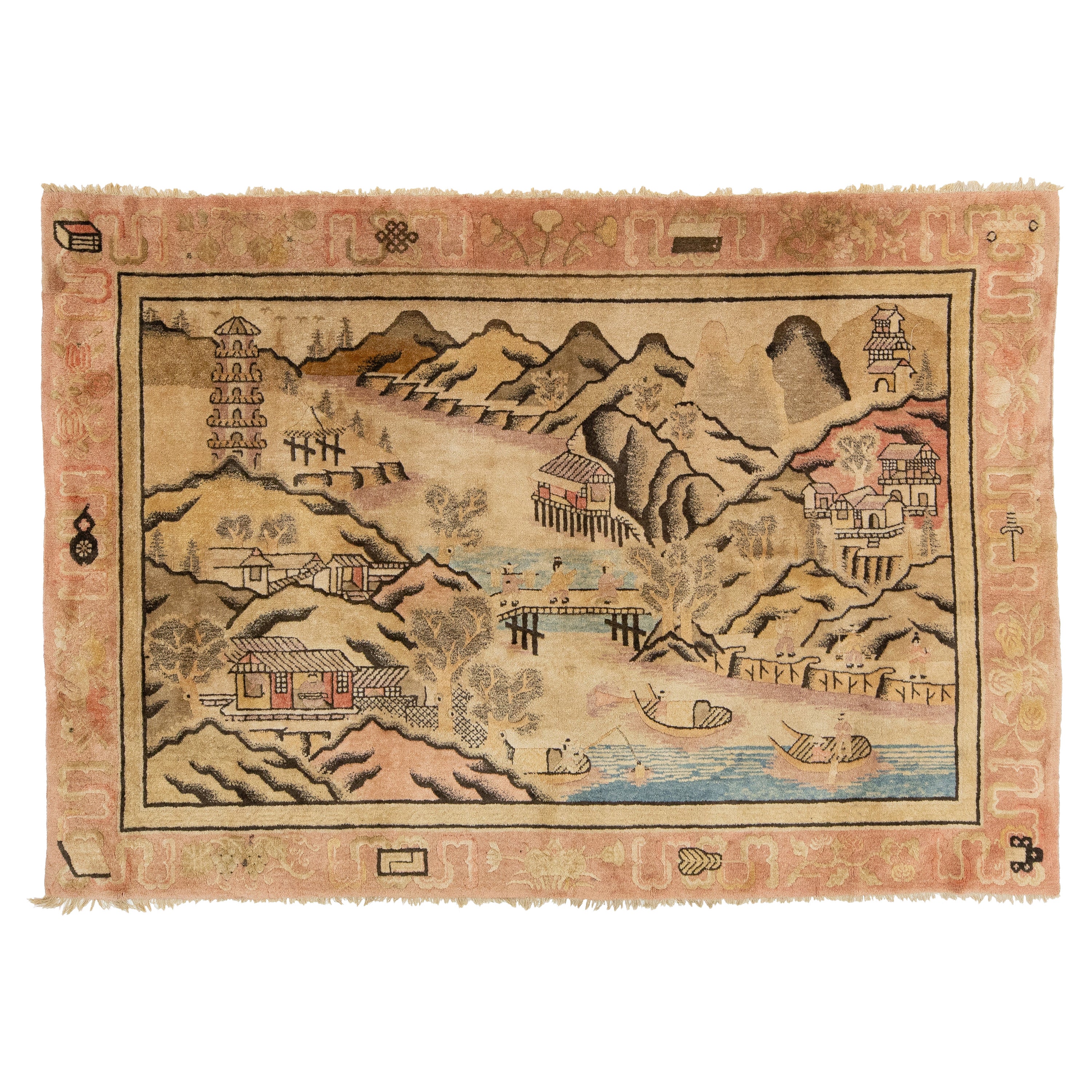 Antique Chinese Art Deco Wool Rug Handmade In Beige with Pictorial Design