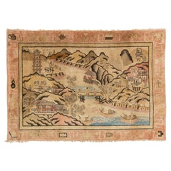 Antique Chinese Art Deco Wool Rug Handmade In Beige with Pictorial Design