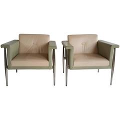 Retro Memphis Style Two-Tone Leather and Aluminum Lounge Chairs, Bernhardt