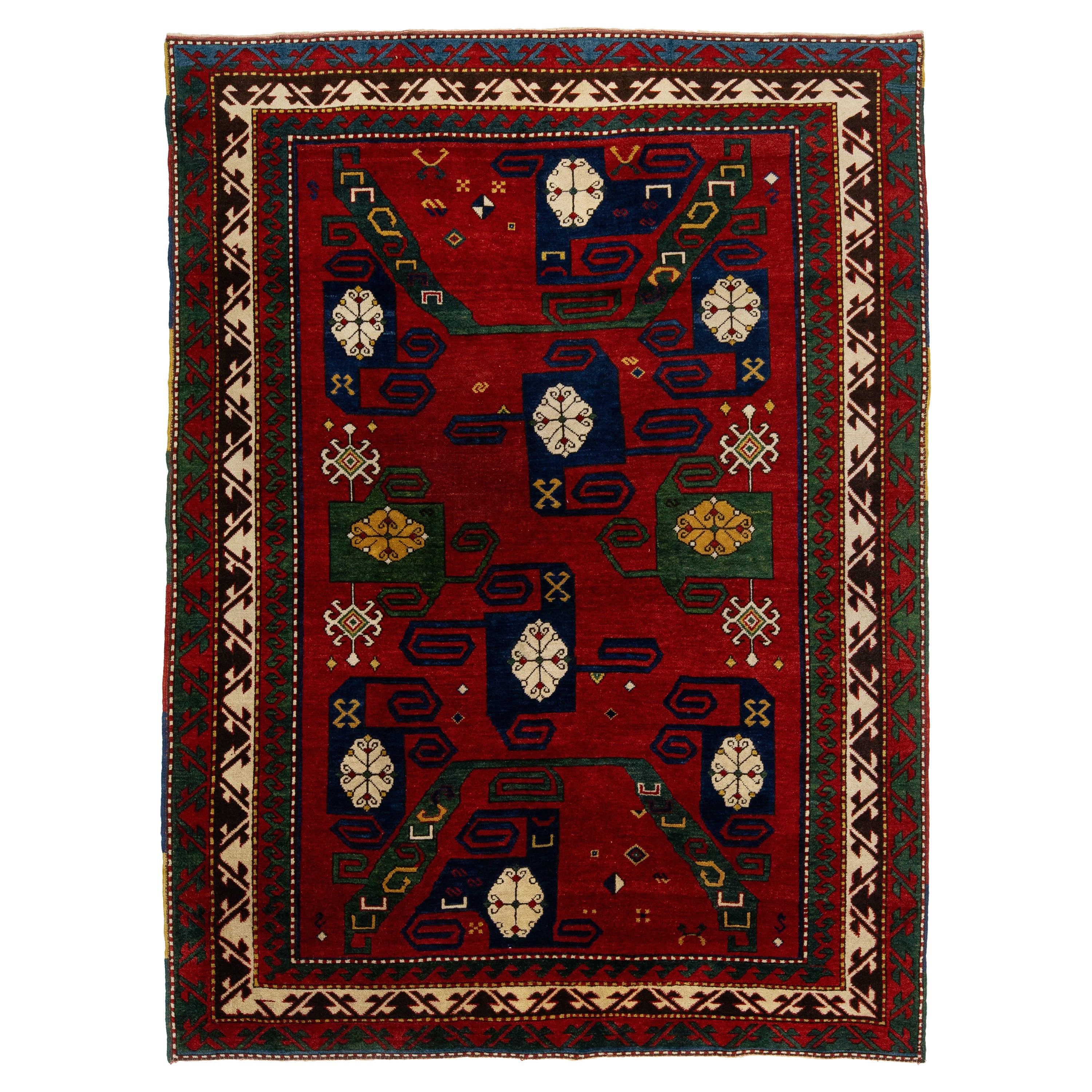 Vintage Caucasian Kazak Handmade Wool Rug in Red With Geometric Design