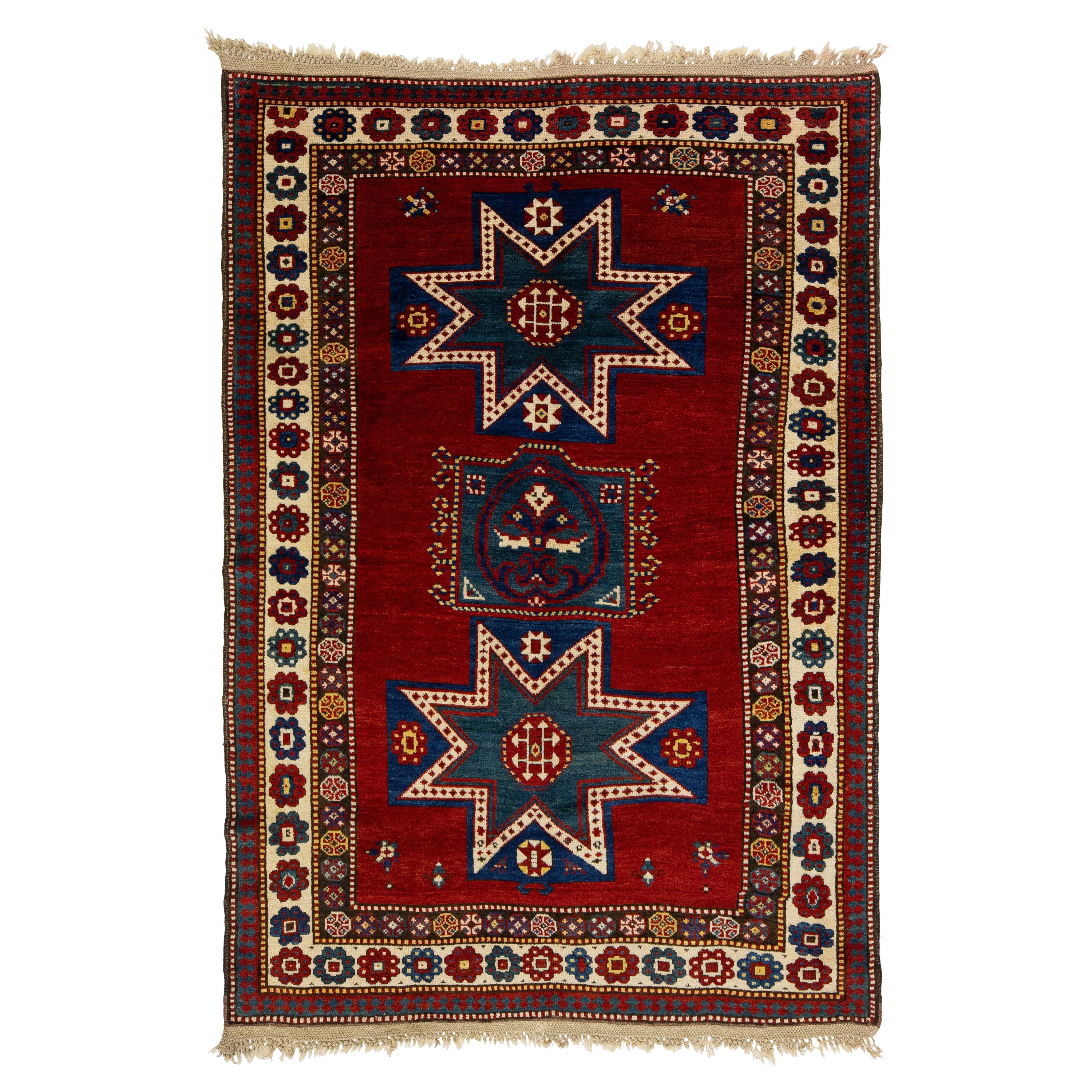 Vintage Caucasian Kazak Red Wool Rug With Geometric Motif