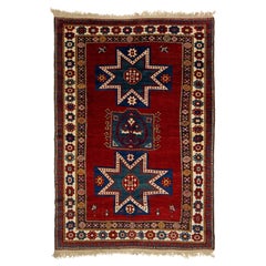 Vintage Caucasian Kazak Red Wool Rug With Geometric Motif