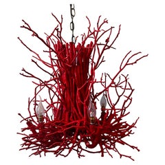 Handmade Artisan Hickory Branch/Twig Chandier - Coral Red