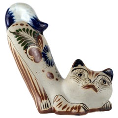 Vintage Tonala Mexico Pottery Cat, Hand Painted, Signed