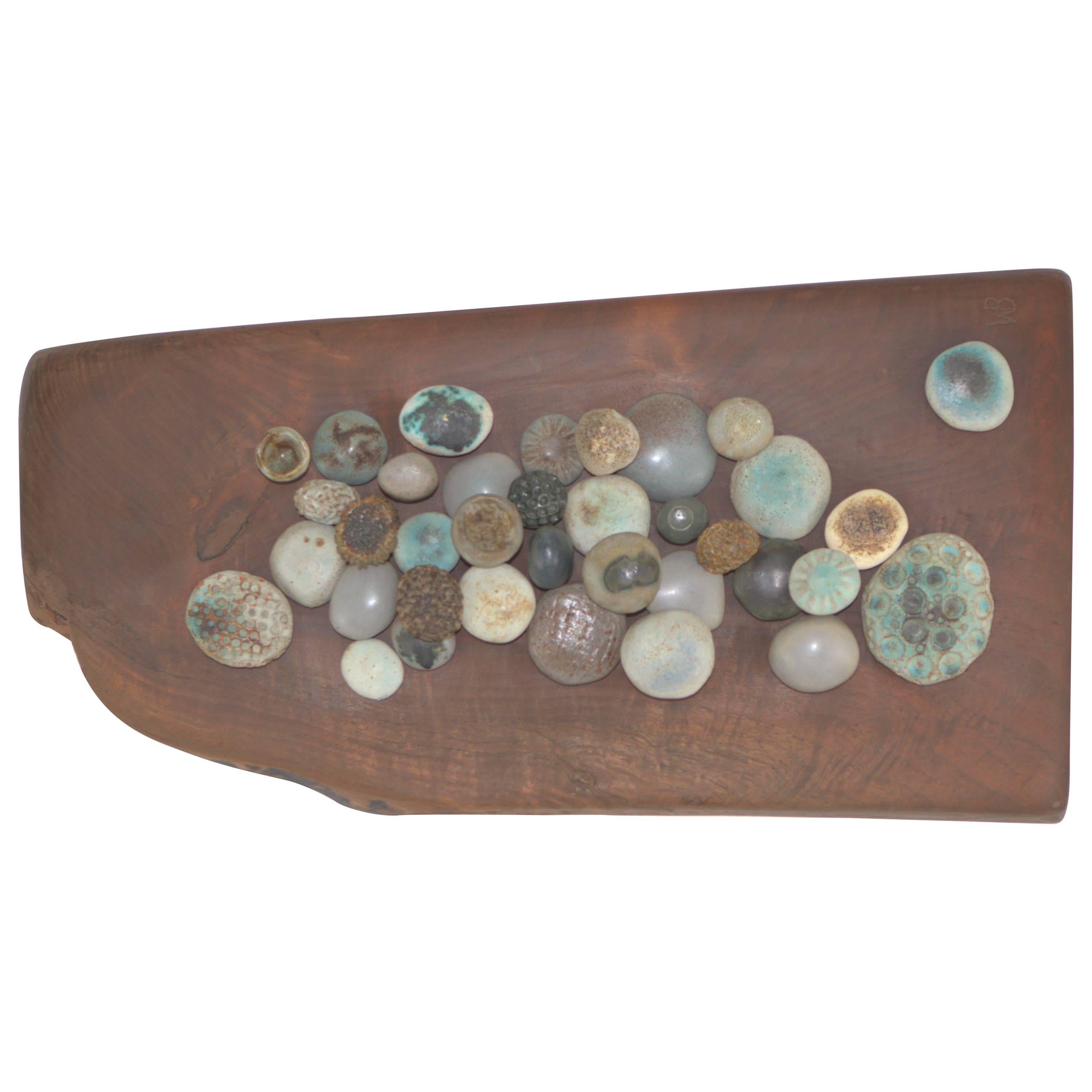 Winni Brueggemann Stoneware Sculpture on Solid Walnut Slab For Sale