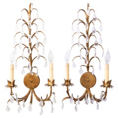 Pair of Large Mid 20th Century Italian Gilt Tole & Crystals Light Sconces