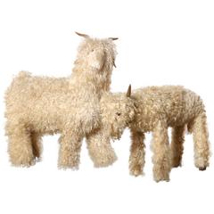 Decorative Sheep, Mountain Goat Sculptures with Sheepskin and Horns 