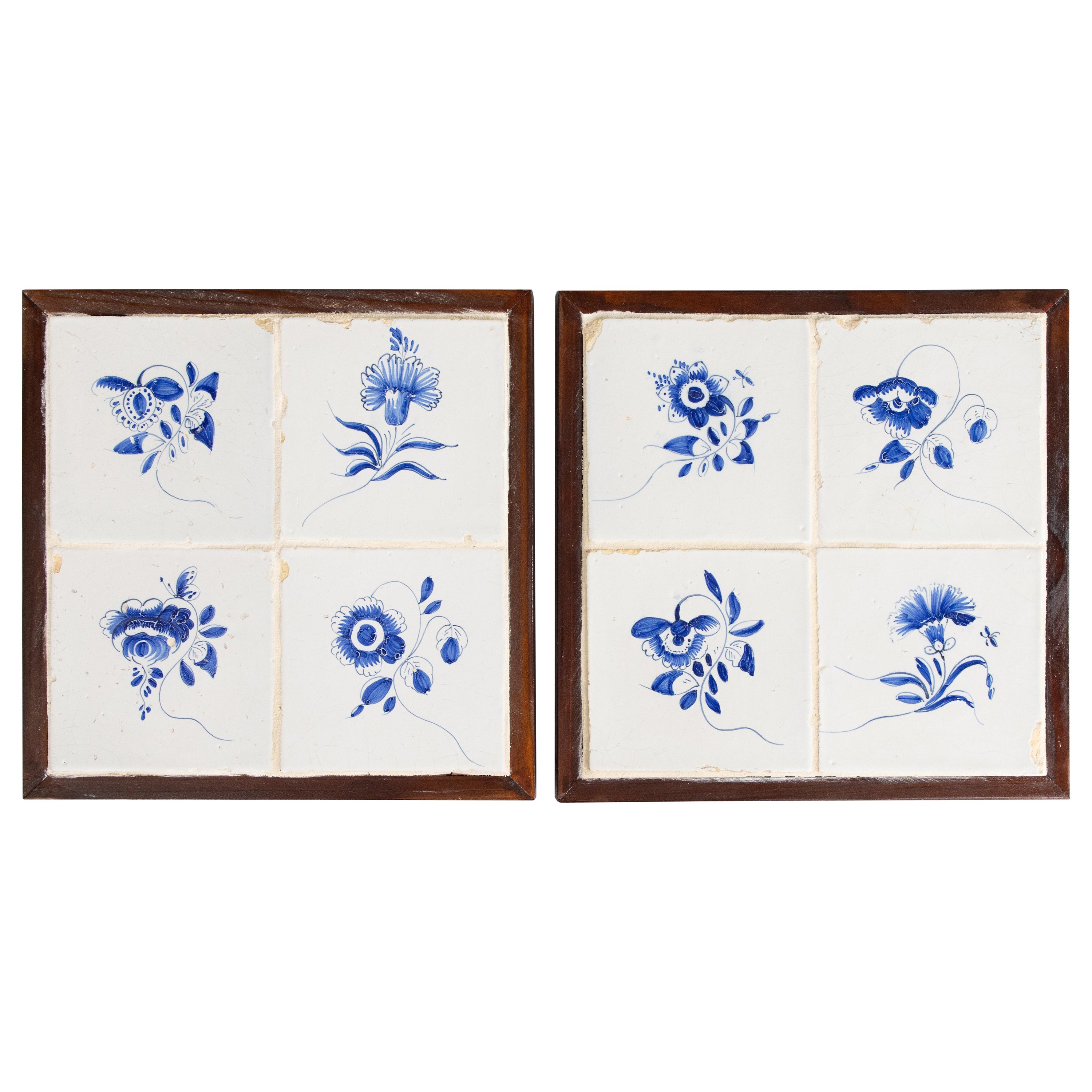 Pareja de placas enmarcadas de 8 azulejos florales blancos y azules de Delft holandés del s. XVIII