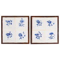 Pair of Framed 18th C. Dutch Delft Blue & White Floral 8 Tiles Murals Plaques