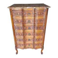 Provincial Style Walnut And Breche D’Alep Marble Top Chest Of Drawers