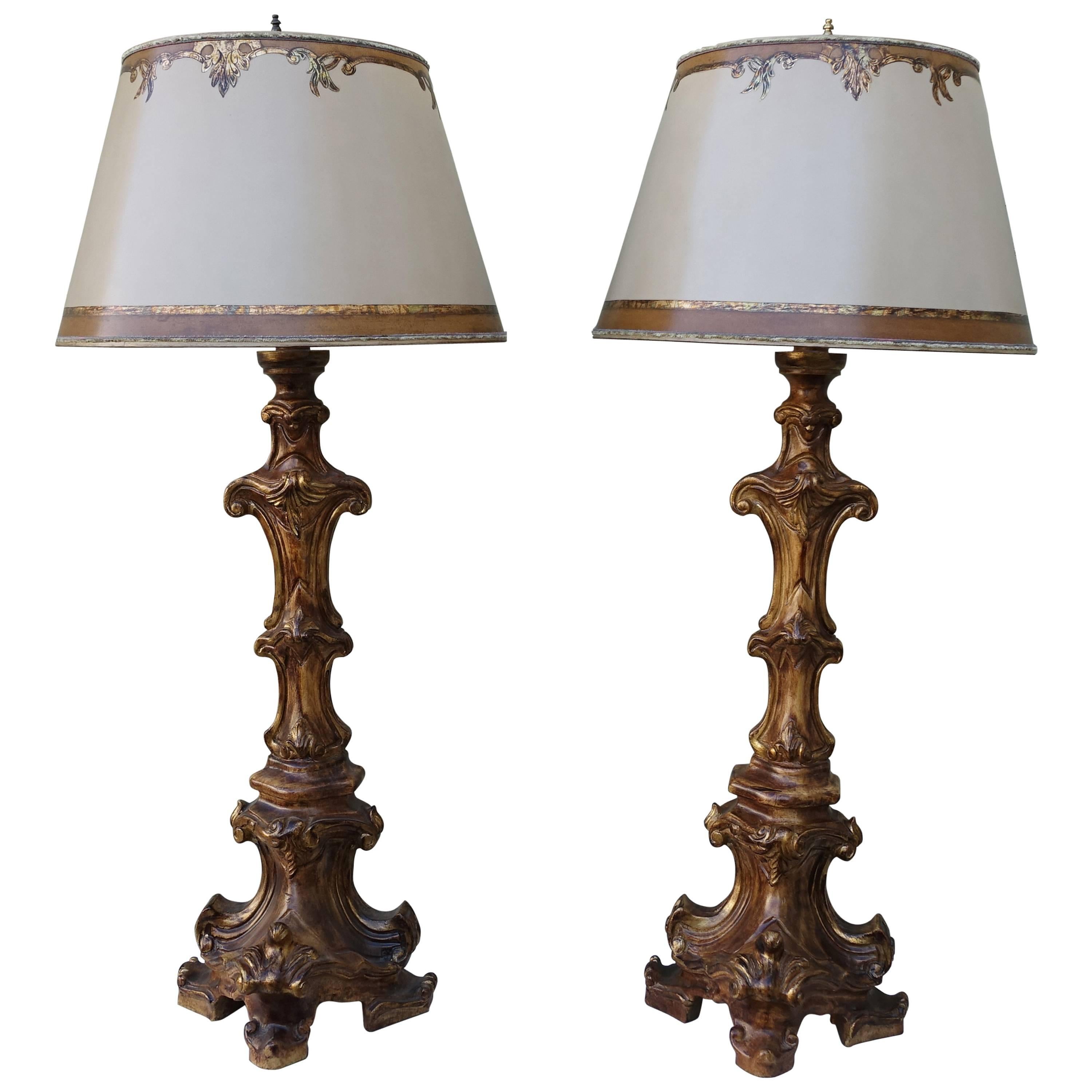 Carved Italian Candlestick Lamps with Parchment Shades