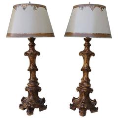 Carved Italian Candlestick Lamps with Parchment Shades