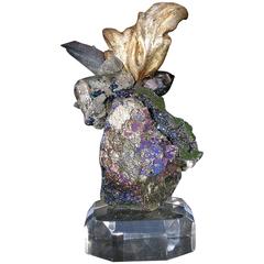 Decorated Chalcopyrite Mineral with Geode and Italian Silver Leaf Fragment