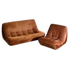 Velvet sofa and armchair lounge set made in France, 1970s