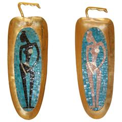 Pair of Salvador Teran Brass and Glass Mosaic Figurative Trays