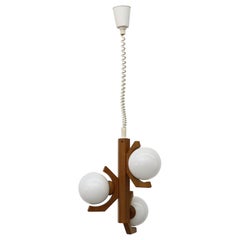 Mid-Century Oak Chandelier with Three Opaline Globes by Bony Design