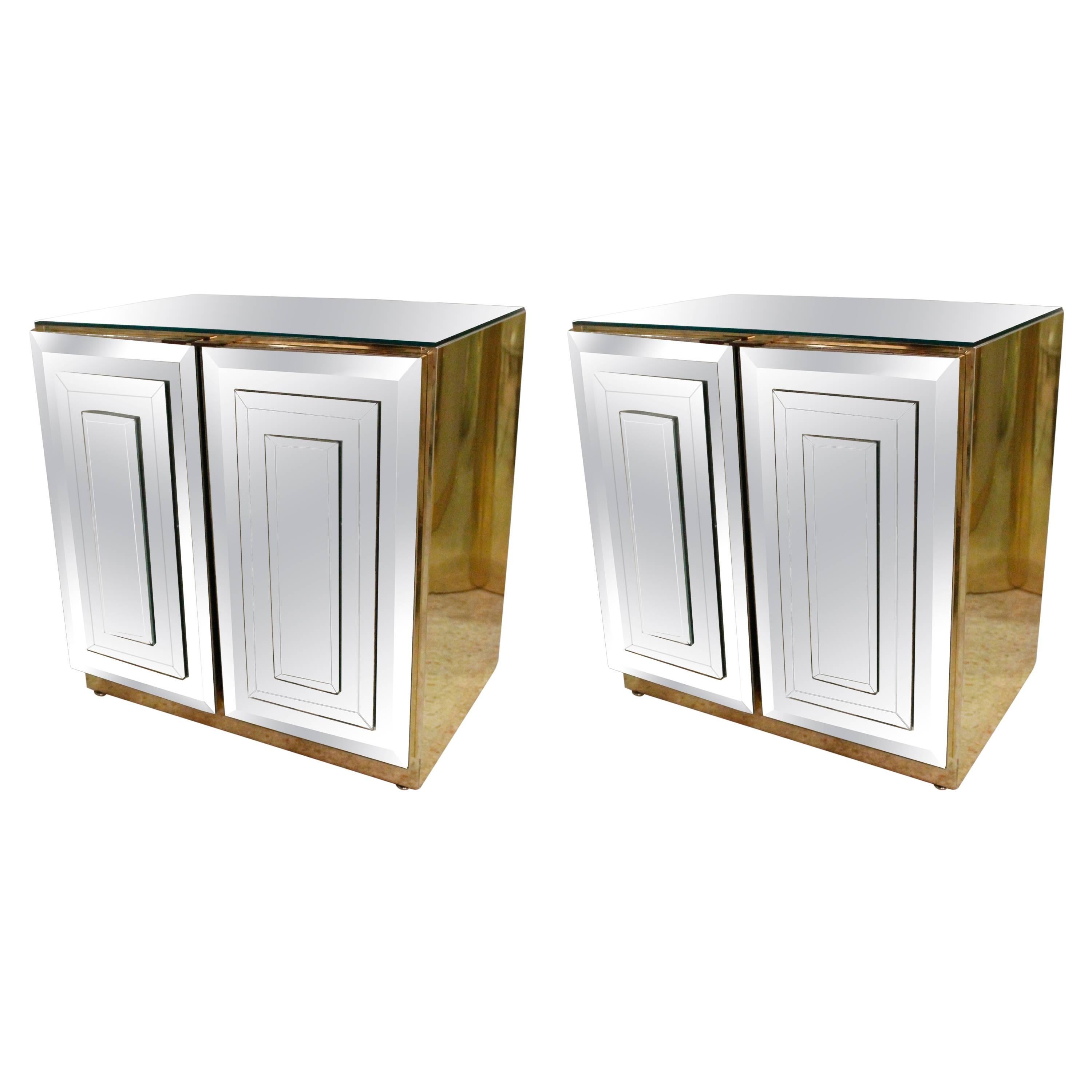 Ello Pair of Mirrored Mirror Brass Chests End Tables, Hollywood Regency