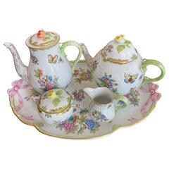 Herend Five Piece Queen Victoria Coffee, Tea, Creamer, Sugar Bowl & Tray Set