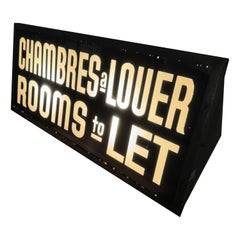 1950s Light UP "ROOMS FOR LET" & "Chambres a Louer" SIGN, fRENCH & eNGLISH