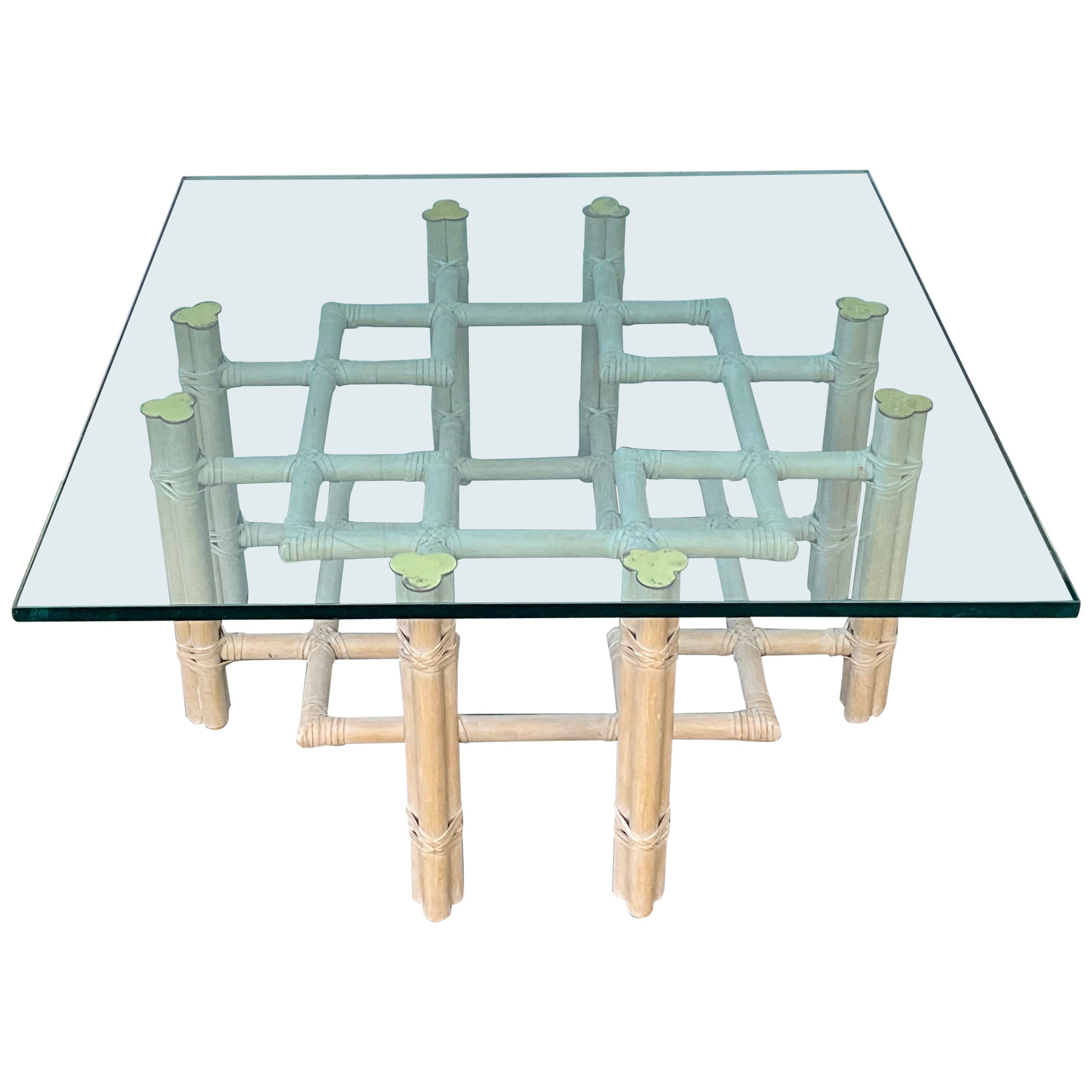 Organic Modern Chippendale Style Cerused Rattan & Brass Coffee Table By McGuire