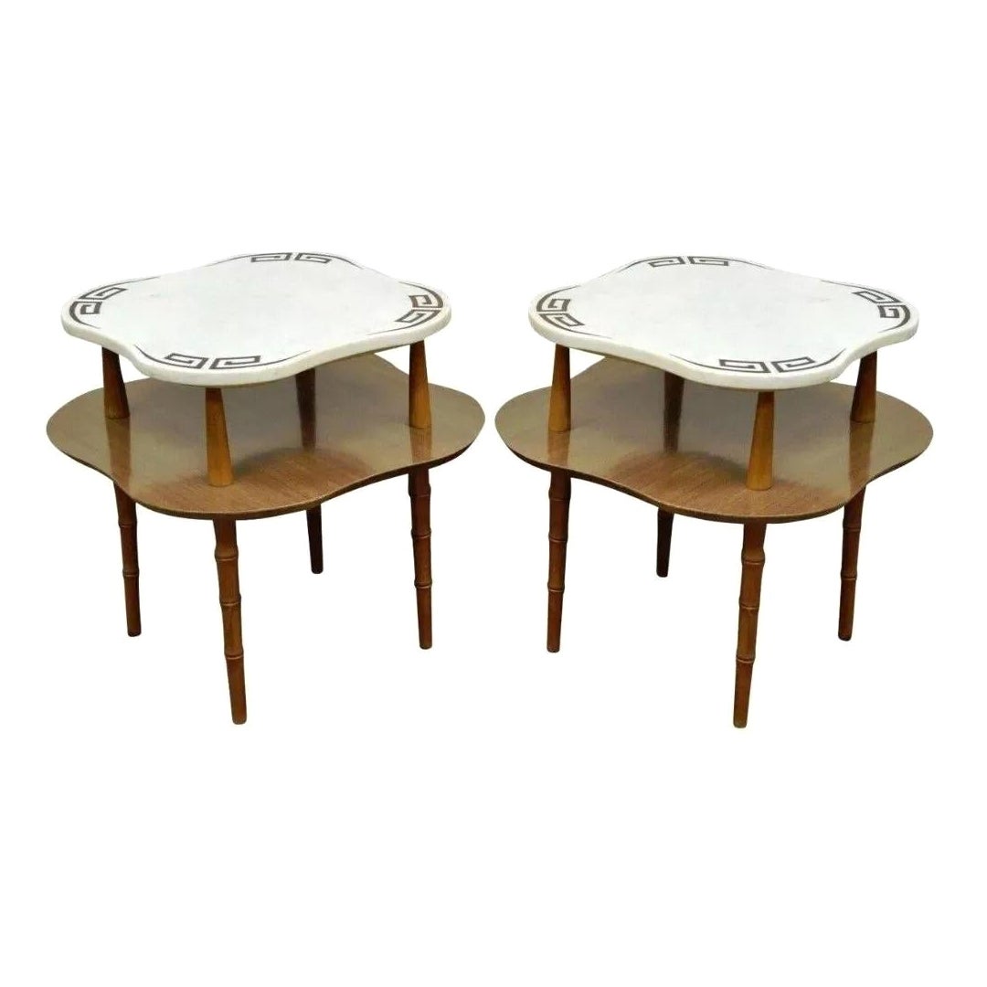 Vintage Hollywood Regency Greek Key Marble Faux Bamboo Wood End Tables - Pair