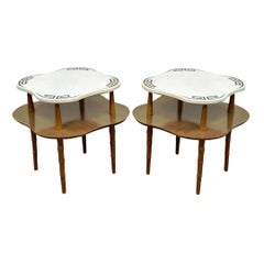 Vintage Hollywood Regency griechischen Schlüssel Marmor Faux Bambus Holz End Tables - Paar