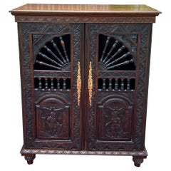 Antique French Breton Cabinet Cupboard Storage Bookcase Entry Carved Oak 19th C