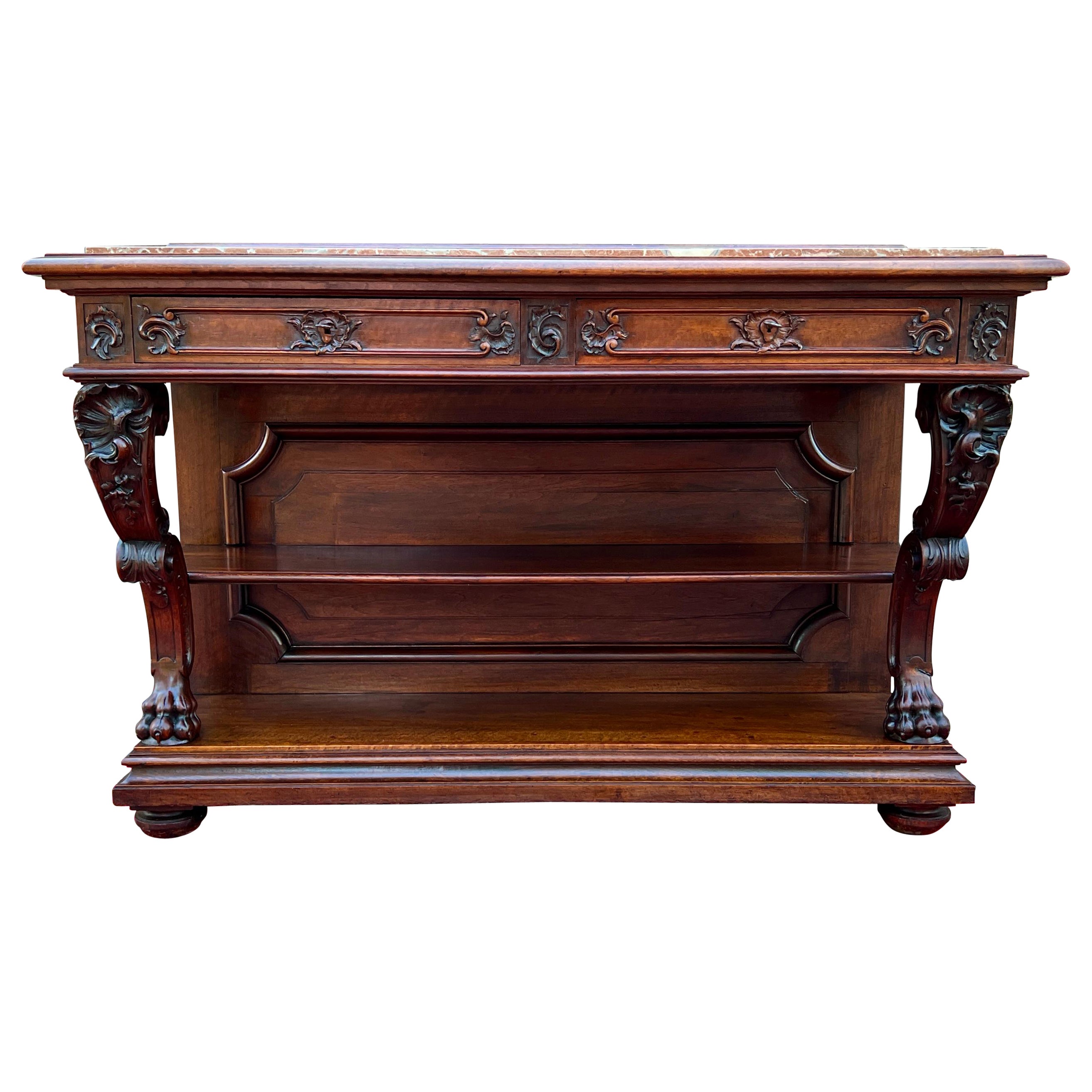 Antique French Gothic Server Sideboard Console Table 2-Tier Walnut Marble Top