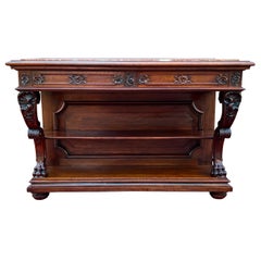 Antique French Gothic Server Sideboard Console Table 2-Tier Walnut Marble Top