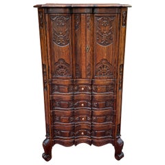 Antique French Cabinet Over Chest 4-Drawers Serpentine Carved Oak c. 1920