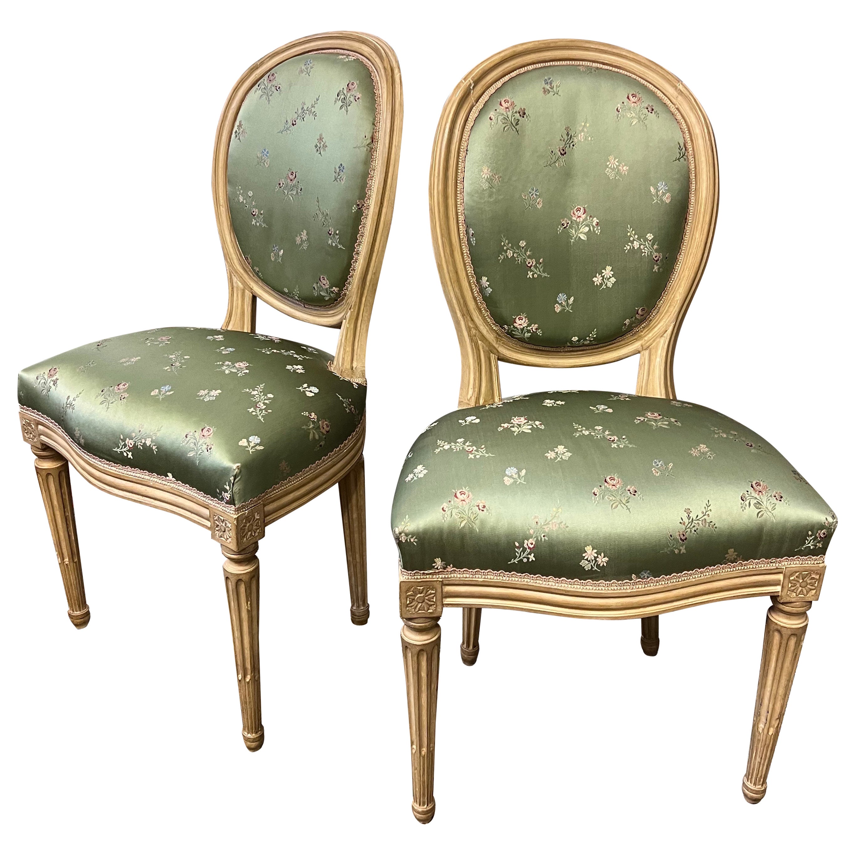 19th Century French Hand Carved Side Chairs in Louis XVI Style in Lelievre Silk For Sale