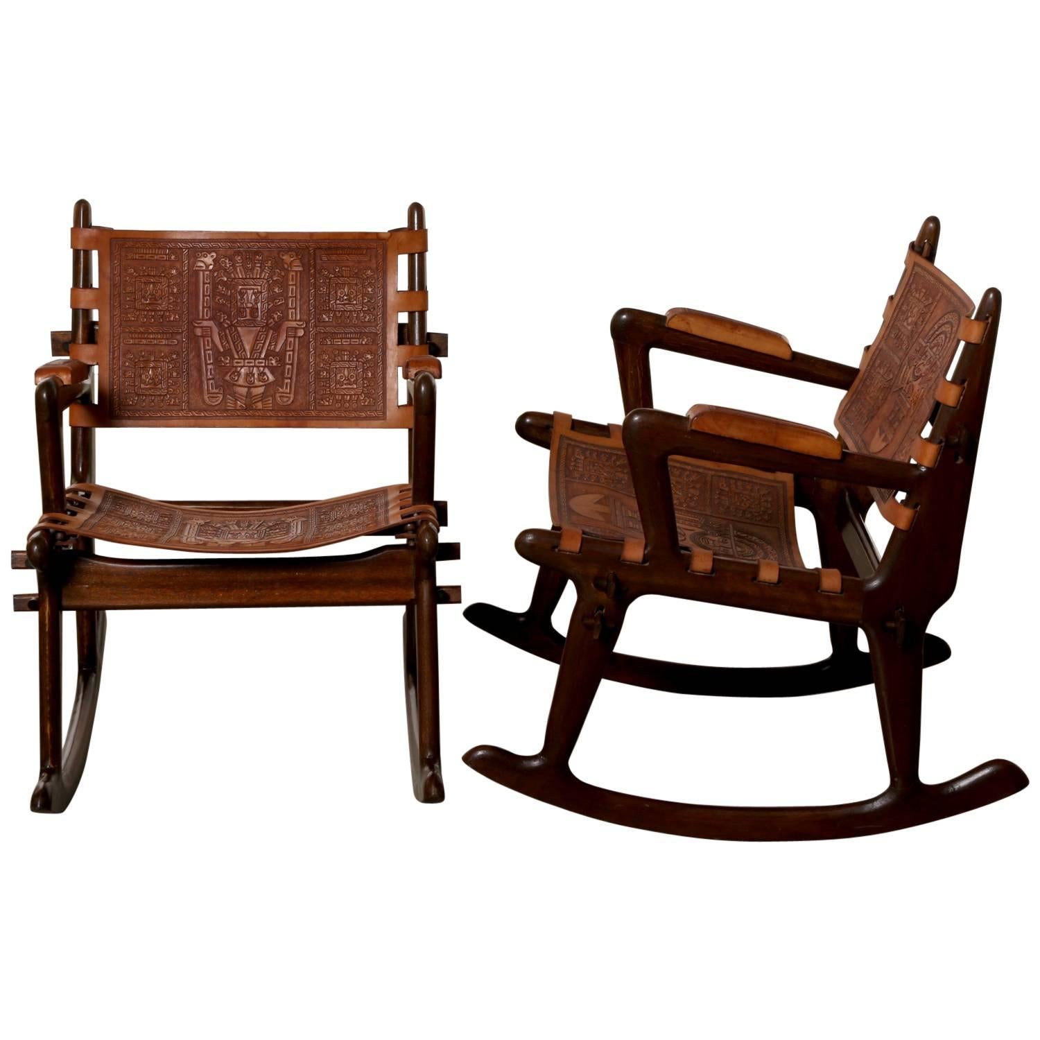 South American Wood and Tooled Leather Rocking Chairs, circa 1960s