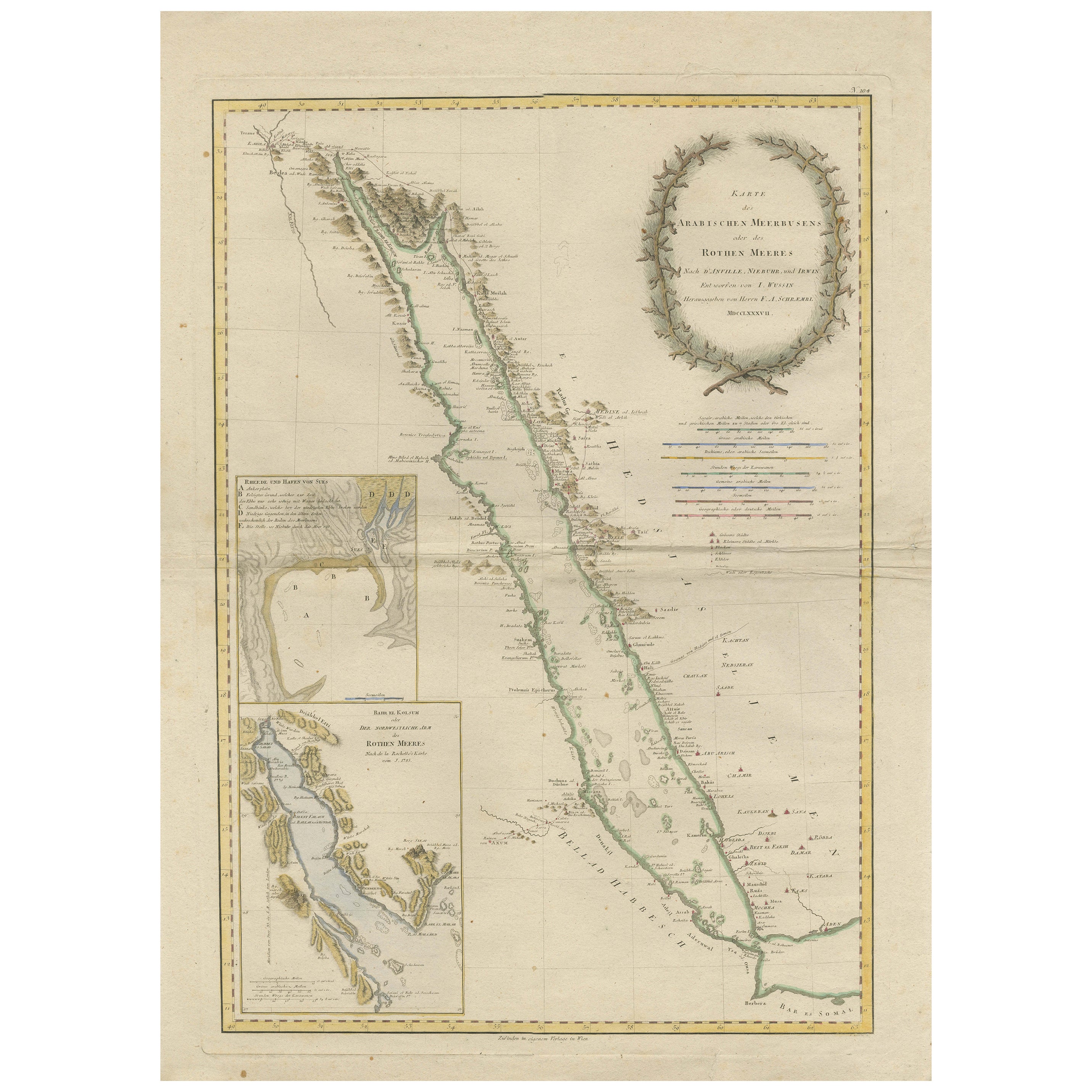 Beeindruckende dekorative gravierte Karte des Roten Meeres und der arabischen Halbinsel mit Gravur, 1787