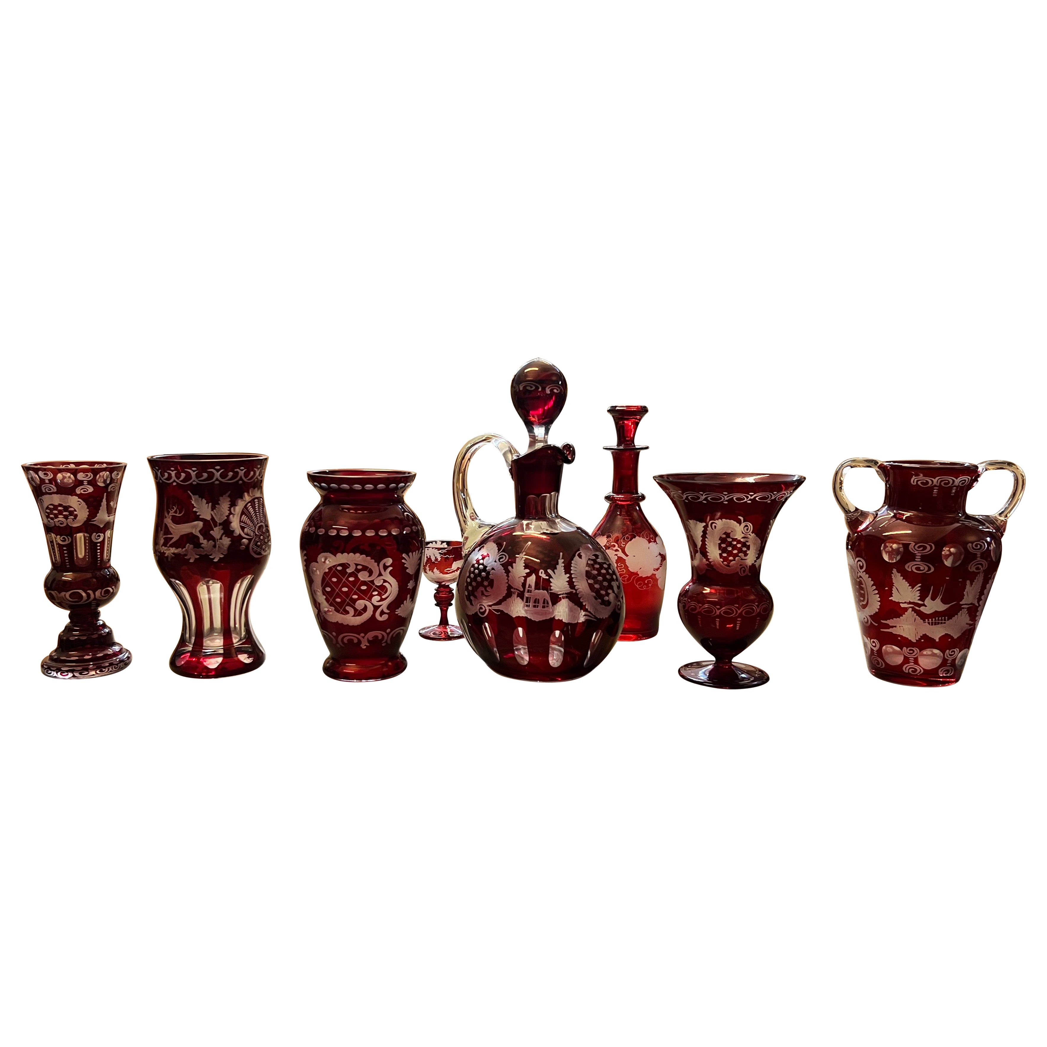 20th Century Bohemia Red Engraved Crystal Vases and Bottles from Czech Republic