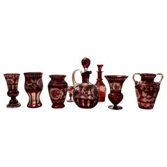 Antique 20th Century Bohemia Red Engraved Crystal Vases and Bottles from Czech Republic