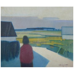 Knud Horup (1926-1973), artista danese. Olio su tela. Figura nel paesaggio.