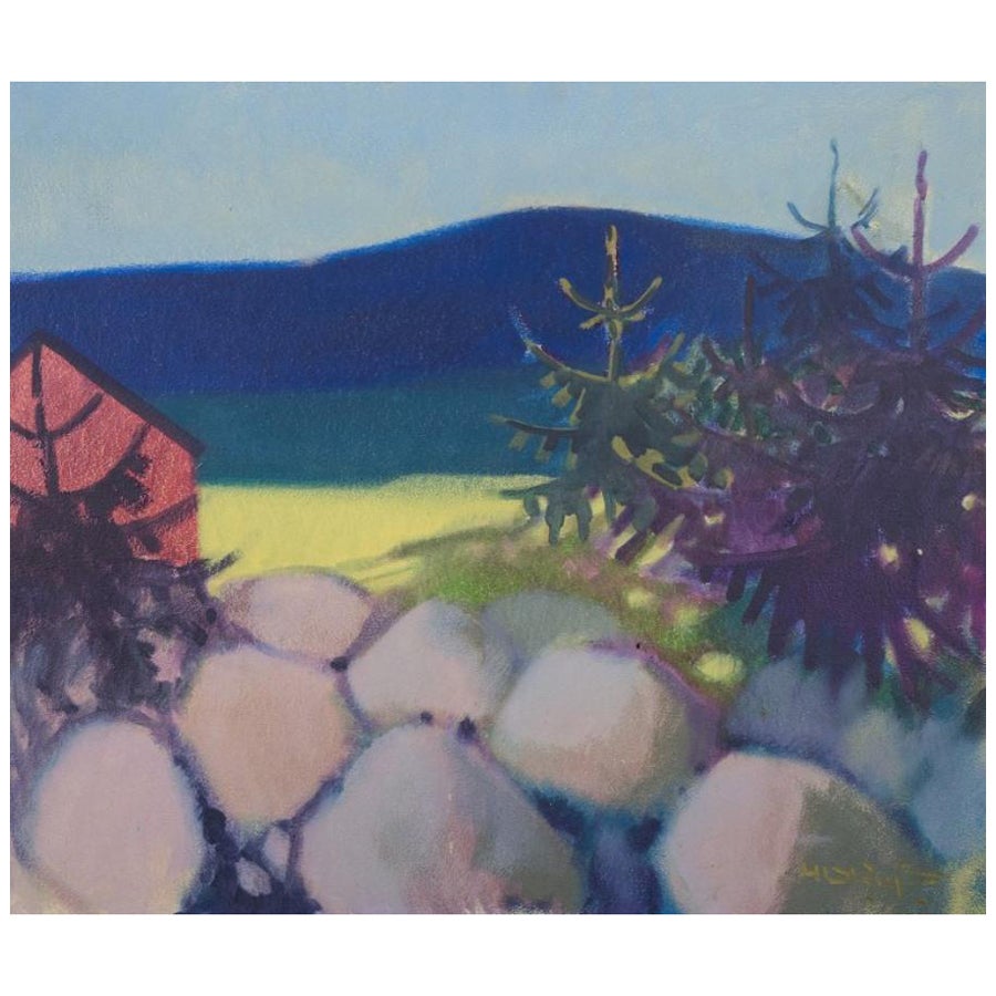 Knud Horup (1926-1973), artista danese. Olio su tela. Casa nel paesaggio. in vendita