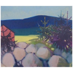 Knud Horup (1926-1973), artiste danois. Huile sur toile. Maison en paysage.