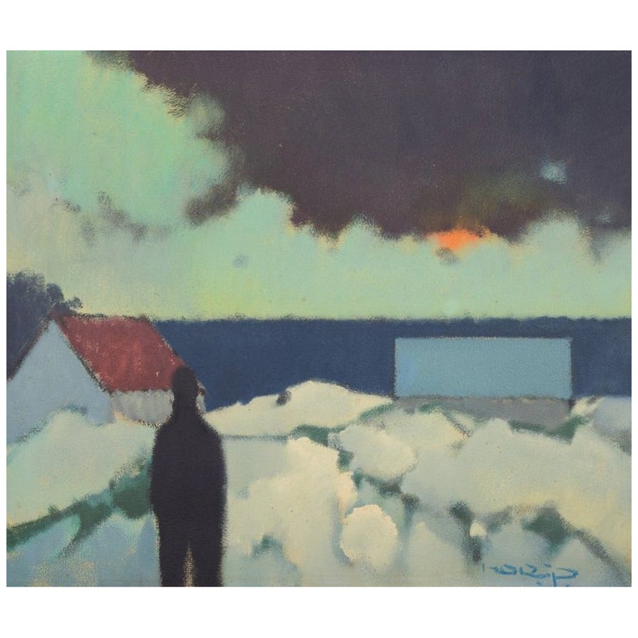 Knud Horup, artista danese. Olio su tela. Figura nel paesaggio.