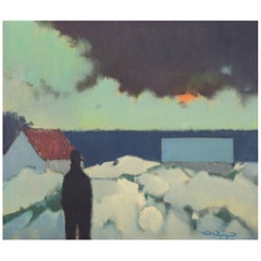Knud Horup, artista danés. Óleo sobre lienzo. Figura en paisaje.