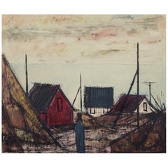 Peder Brøndum Sørensen. Oil on canvas. "Houses by the Sea." Modernist motif.