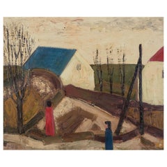 Peder Brøndum Sørensen. Óleo sobre tabla. Paisaje con figuras y casas