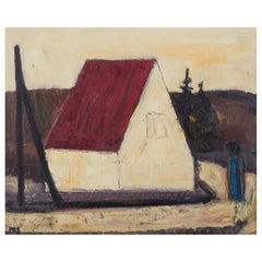 Peder Brøndum Sørensen. Olio su tavola. Motivo modernista con una figura vicino a una casa.