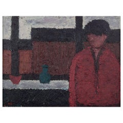 Peder Brøndum Sørensen. Oil on board. Modernist motif of figure and buildings.