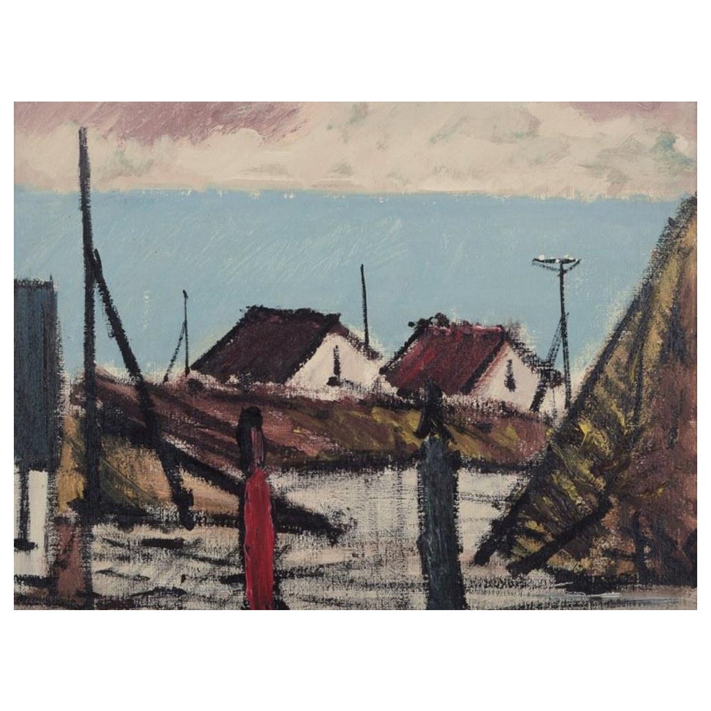 Peder Brøndum Sørensen. Oil on canvas. "Figures and Houses by the Sea."