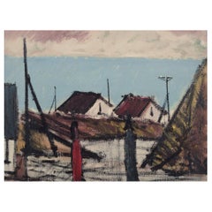 Peder Brøndum Sørensen. Öl auf Leinwand. "Figuren und Häuser am Meer".