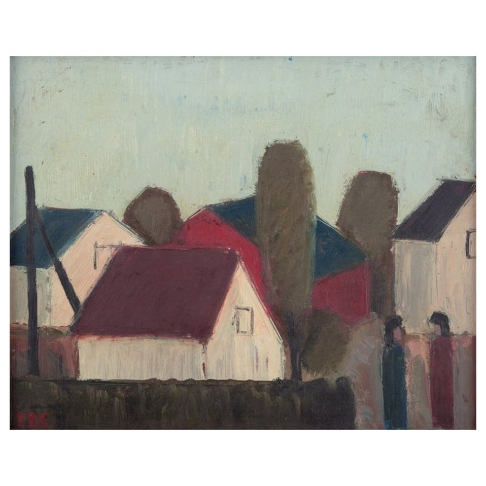 Peder Brøndum Sørensen. Olio su tavola. Veduta di villaggio modernista, anni '70
