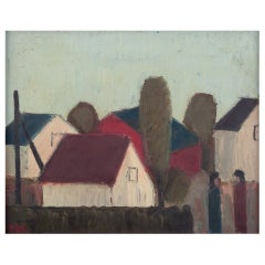 Peder Brøndum Sørensen. Olio su tavola. Veduta di villaggio modernista, anni '70