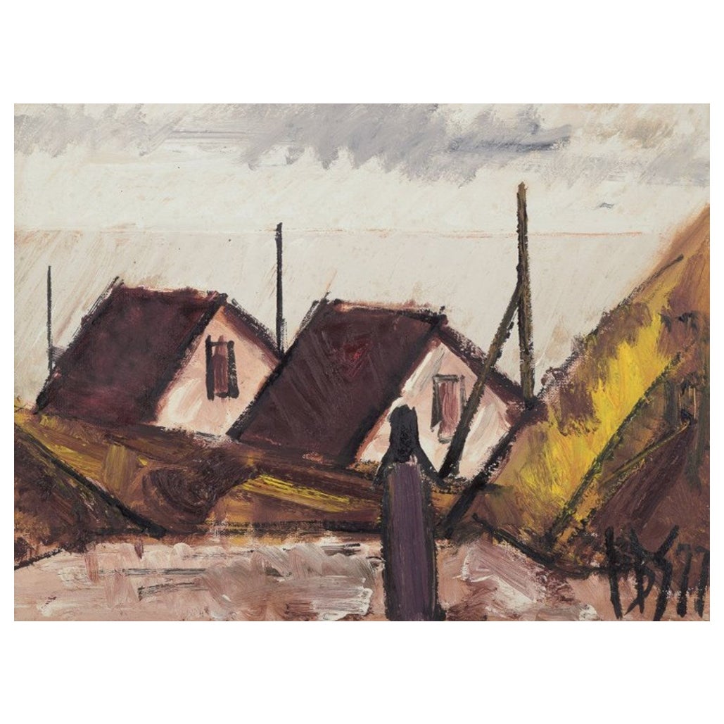 Peder Brøndum Sørensen. Oil on canvas. Modernist village view, 1977